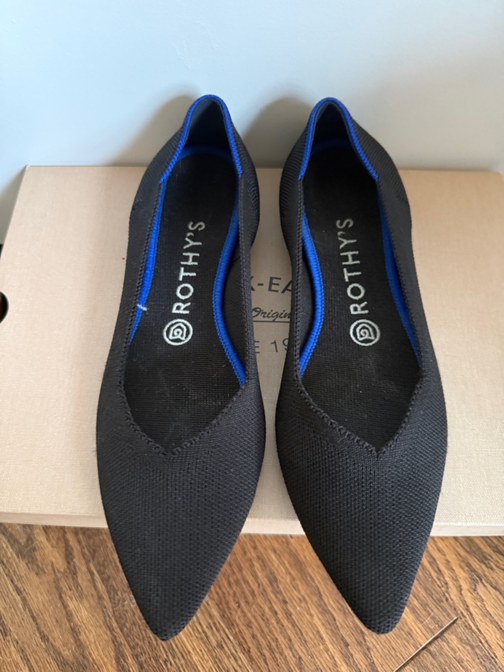 Rothy's Black Pointed Ballet Flats with Blue Trim